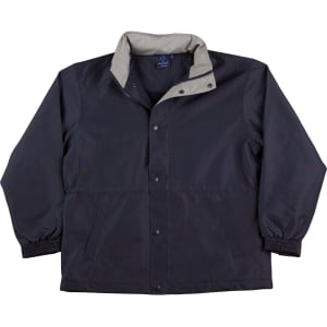 A navy and grey varsity jacket featuring a collared neckline and snap button closure. It has side pockets and an inner lining.
