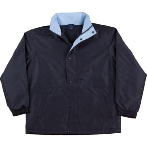 A black varsity jacket with a light blue collar and snap buttons, featuring side pockets and ribbed cuffs.