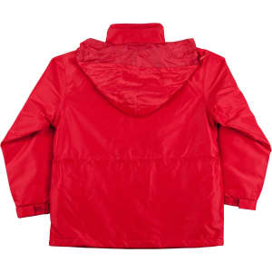 A bright red varsity jacket with a hood, featuring a simple design and a branding logo.