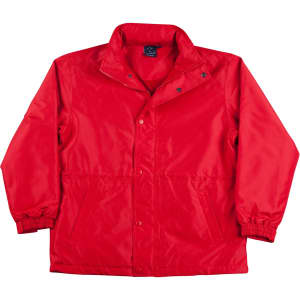 A bright red varsity jacket featuring a snap closure and elasticated cuffs. It includes a logo on the chest.
