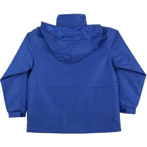 A blue varsity jacket with a hood, featuring a smooth finish and a back view. It has a logo on the back.