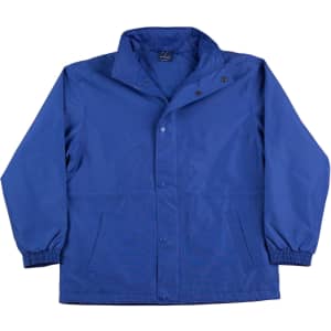 A blue varsity jacket with a collared neck, snap closures, and side pockets. It features elastic cuffs and a logo.