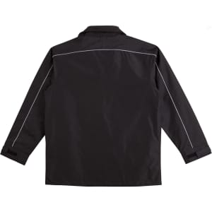 A black sport/racing jacket with white piping details and a simple design. It features a collar and long sleeves.