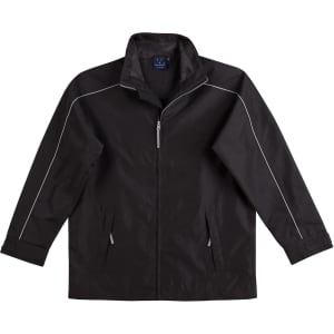 A black sport racing jacket with a zip front, side pockets, and reflective detailing. It features a collar and a logo.
