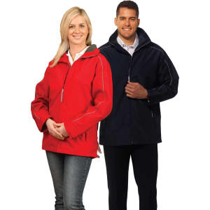 A red and a navy jacket displayed on two models, featuring zippers and contrast stitching. Both jackets have a logo.