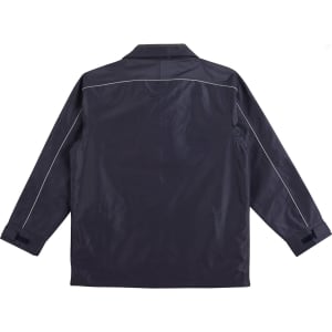 A navy jacket featuring a back view with contrasting piping and a collar, designed for sport or racing.