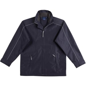A navy sport/racing jacket with a zip front, side pockets, and reflective detailing. Includes a logo.