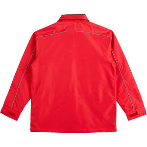 A red sport/racing jacket featuring a simple design and a logo on the back.