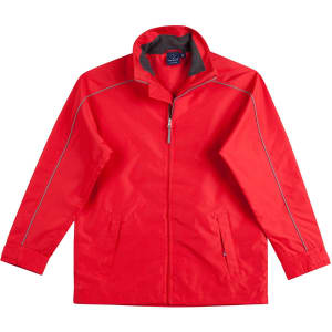 A red sport/racing jacket featuring a zip front, side pockets, and a collar. It has a logo on the chest.