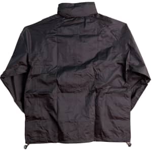 A rain jacket in black with a simple design and a logo on the back.