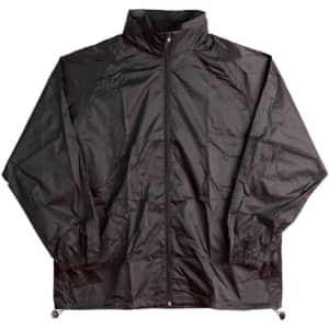 A black outdoor activity spray jacket features a full zip and elastic cuffs. It includes a logo on the chest.