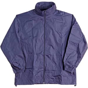 A navy outdoor activity spray jacket with a high collar and zip fastening, featuring elastic cuffs and a logo.