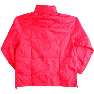A bright red outdoor activity spray jacket with a high collar, featuring a logo on the back.