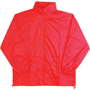 A red outdoor activity spray jacket featuring a full zip and a high collar, with an adjustable hem.
