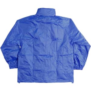 A blue outdoor activity spray jacket with a collar and long sleeves, featuring a logo.