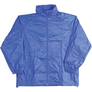 A blue outdoor activity spray jacket with a full zip and elasticated cuffs, featuring a logo.