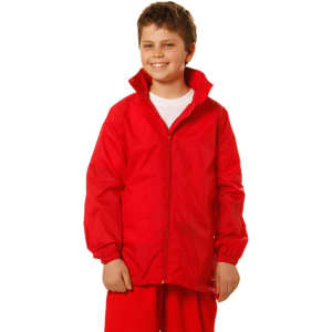 A bright red kids' outdoor activity spray jacket with a zip front and adjustable cuffs, featuring a logo.