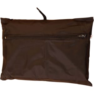 A black spray jacket in a packed form, featuring a zippered pocket and a hanging loop.