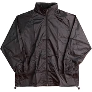 A black kids' spray jacket featuring a zip front, elastic cuffs, and a drawcord hem, with a logo.