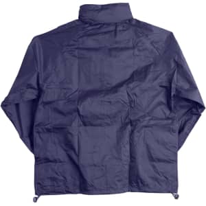 A navy kids' outdoor activity spray jacket with long sleeves, featuring a logo on the back.