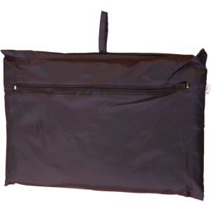 A black spray jacket for kids, featuring a zippered pocket and a hanging loop for storage.