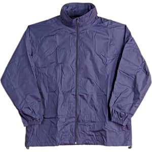 A lightweight navy blue rain jacket with a high collar and zip fastening, featuring elasticated cuffs.
