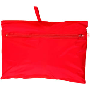 A red kids' outdoor activity spray jacket, packed into a compact pouch with a zippered closure and a hanging loop.