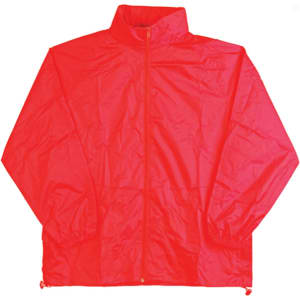 A red kids' outdoor activity spray jacket with a zip front and adjustable hem. Includes a logo on the front.
