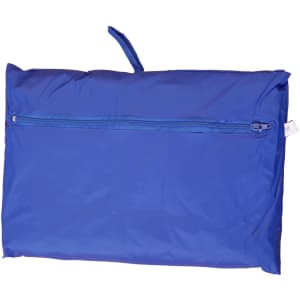 A blue Kids' Outdoor Activity Spray Jacket, folded and zipped with a hanging loop, featuring a logo.