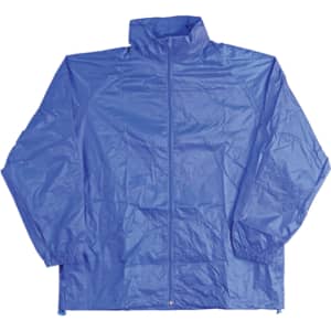 A blue kids' outdoor activity spray jacket with a zip front and elastic cuffs, featuring a logo on the chest.