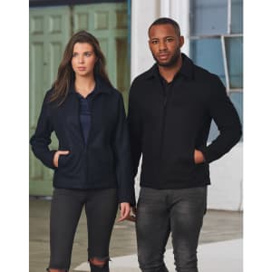 A navy women's wool blend corporate jacket and a black men's jacket, both with pockets and a branding logo.