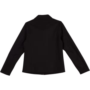 A black ladies' wool blend corporate jacket with a structured design and a back vent, featuring a logo.