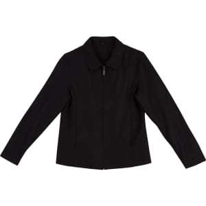 A black ladies wool blend corporate jacket featuring a zipper and a classic collar. The jacket has branding visible.
