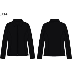 A black wool blend jacket featuring a collared design and a fitted style, with a logo on the front.