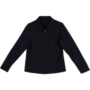 A ladies' wool blend corporate jacket in black, featuring a collar and zip closure, with a logo on the chest.