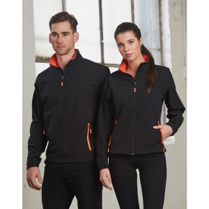 A black softshell jacket with orange highlights, featuring a zip front and pockets, displayed on a male and female model.