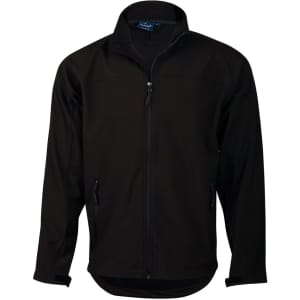 A black softshell jacket with a zip front, two side pockets, and a collar. It features a logo on the chest.