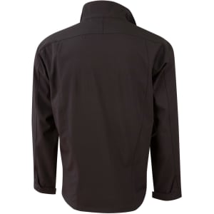 A black men's softshell contrast jacket with a tall collar, featuring a logo on the back.