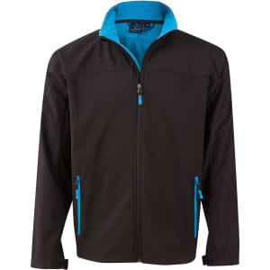 A black softshell jacket with contrast teal accents and a central zip. Features two zippered pockets and a collar.