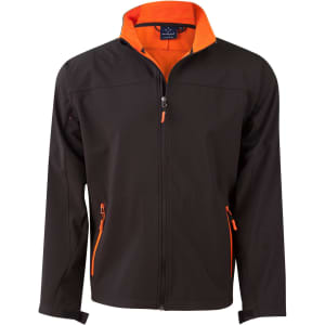 Men's softshell jacket in black with orange contrast details, featuring a zip front and two side pockets. Includes a logo.