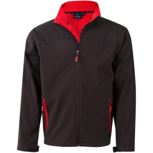 A men's softshell jacket in black with red contrast detailing and zippered pockets. It features a high collar.