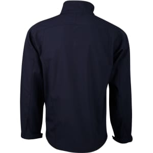 A navy men's softshell jacket featuring a high collar and a smooth back design. Includes a logo.