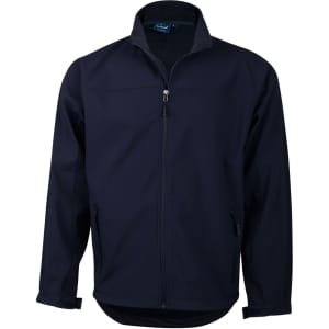 A Men's Softshell Contrast Jacket in navy, featuring a zip front and side pockets, with a logo on the chest.