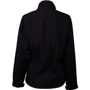 A black softshell jacket featuring a collar and a simple back design. It has a logo on the fabric.