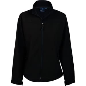 A ladies' softshell jacket in black, featuring a zip front and pockets, with a logo on the collar.