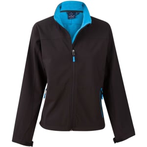 A black softshell jacket with a teal interior and contrasting zipper details, featuring side pockets and a zip front.