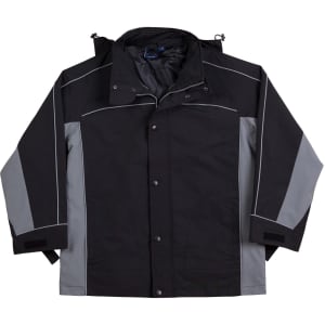 A black and grey men's 3-in-1 jacket featuring a detachable inner layer and a logo.