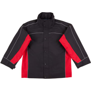 A black and red men's 3-in-1 jacket with a high collar and contrasting side panels, featuring a logo.