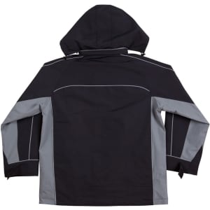 A black and grey men's jacket with a hood, featuring contrasting panels and a branded logo.