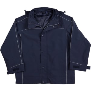 A navy men's 3-in-1 jacket with a zip-off hood and contrasting piping. The jacket features a logo on it.